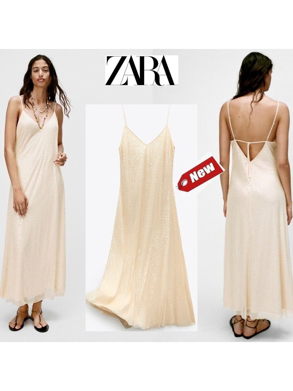 Zara cream sequin beaded spaghetti strap maxi slip dress Sz M NWT